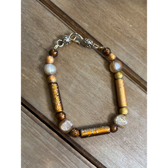 Handcrafted Gold & Brown glass  Beaded Bracelet With Barrel Beads & Pearl Accent - Picture 1 of 6